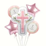 5PCS Pink Cross Foil Balloons - Perfect For First Communion & Baptism Decorations Reusable Self-sealing Design Ideal For Ages 14
