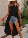 Solid Split High Low Hem Cami Top Elegant Sleeveless Square Neck Spaghetti Strap Top Women's Clothing