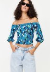 Gimped Carmen Collar Three Quarter Texture Knitted Blouse - Indigo