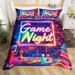Modern Gamer Bedding Set Game Night Comforter Cover Set For Teens Women Room Decor Rock Neon Duvet Cover Breathable Player Gamin
