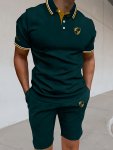 Men's 2-PACK Co Ord Set Of Label Print Leisure Outfits Striped Short Sleeve Lapel Collar T-Shirt & Shorts With Elastic Waistband