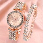 2PCS SET Elegant Butterfly Quartz Watch Luxury Fashion Stainless Steel Band Wrist Watch & Bracelet Gifts For Women Her