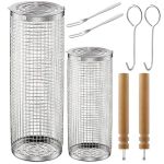 2 Pack Bbq Rolling Grill Baskets For Braai Grilling Wooden Handle-men Gift