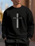 Paris Letter Print Men's Crew Neck Long Sleeve Sweatshirt Trendy Pullover Sweatshirt Casual Comfy Versatile Top For Spring & Aut
