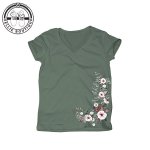 Ladies Floral Filagree V Neck Tee - Pistachio - 2XL