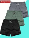 3 Pcs Men's Solid Shorts With Pockets Casual Elastic Waist Drawstring Shorts For Summer
