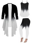 Color Block Three-piece Set Casual Long Sleeve Open Front Cardigan & Sleeveless Spaghetti Strap Top & Skinny Leggings Outfits Wo
