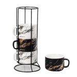 Ceramic Mugs With Metal Stand For Coffee Tea Set Of 4