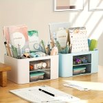 Multifunctional Desk Organizer With 2 Drawers Office Stationery Storage Box Vanity Dresser Organizer School Supplies Holder - Ma