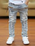 Boy's Ripped Cotton Denim Pants - Zipper Pocket Design Cool Casual Jeans For Spring And Autumn Outdoor Trendy Gift