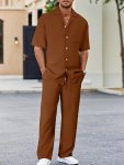 2-PIECE Men's Solid Color Loose Fit Summer Outfit Set Short Sleeve Camp Collar Shirt & Drawstring Long Pants For Casual Daily We
