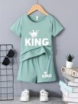 2PCS Boys Casual "king" Crown Graphic Print Round Neck T-Shirt & Shorts Set Clothes