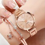 2PCS SET Women's Luxury Rose Golden Quartz Watch Business Fashion Analog Wrist Watch & Star Bangle Gift For Mom Her