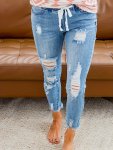 Women's Casual Elastic Waist Drawstring Ripped Jeans With Stretch Slim Fit Denim Pants For Outings And Parties For Fall & Winter