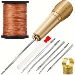 Leather Sewing Kit Diy Leather Sewing Awl Needle With Copper Handle Set Leather Canvas Tent Shoes Repairing Tool W/nylon Thread