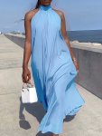Solid Tie Back Loose Halter Dress Elegant Sleeveless Dress For Summer & Spring Women's Clothing