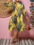 Plant Print Button Front Dress Casual Long Sleeve Midi Dress Women's Clothing