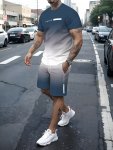 2-PIECE Men's Gradient Summer Outfit Set Men's Short Sleeve Crew Neck T-Shirt & Elastic Waist Shorts With Pockets