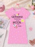 Girls Short Sleeve Nightdress "my Grandma Loves Me To The Moon And Back" Casual Style Sleepwear With Cute Rocket And Moon Print