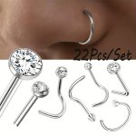 22PCS Trendy Minimalist Style Rhinestone Geometric Stainless Steel Nose Ring Nose Piercing Jewelry Set Ladies Holiday Party Dati