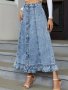 Blue Ruffle Hem Denim Midi Skirt Single Breasted Button Washed Elegant Denim Skirt Women's Denim Clothing