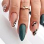 24pcs Glossy Medium Almond Fake Nails Green Leaves And Golden Line With Design Press On Nails Fresh False Nails For Women Girls Fall Nail Decoration