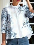 Plant Print Mock Neck Blouse Casual Three-quarter Sleeve Blouse For Spring & Fall Women's Clothing