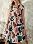 Allover Print Crew Neck Drss Vacation Style Short Sleeve A-line Dress For Spring & Summer Women's Clothing