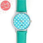 Turquoise Leatherette Strap Watch With White Polkadot Face