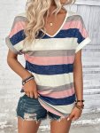 Striped Print V Neck T-Shirt Casual Short Sleeve Patched Pocket Top For Spring & Summer Women's Clothing