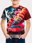 Boys Novelty Tee Cool Sports Car And Smoke 3D Print Top Creative And Innovative Short Sleeve T-Shirt For Summer