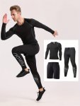 3PCS Men's Long Sleeve Round Neck Tops Shirts & Shorts & Leggings Pants Compression Workout Gym Set Sports Fitness Body Shaper S