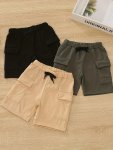 3PCS Boys Casual Cargo Shorts Mid-length Large Pockets Elastic Waist Shorts Outdoor Summer Apparel