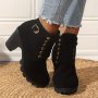 Women's Solid Color Block Heeled Boots Fashion Lace Up Side Zipper Boots Stylish Ankle Boots