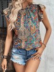 Paisley Print Mock Neck Blouse Elegant Flutter Sleeve Ruffle Trim Blouse For Spring & Summer Women's Clothing