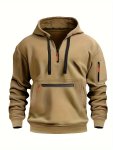 Men's Solid Colorhalf-zip Design Long Sleeve Casual Hooded Sweatshirt With Kangaroo Pocket For Fall winter Casual Daily Wear