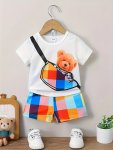 Baby Boy's Cartoon Bear Crossbody Bag Print T-Shirt & Colorful Plaid Shorts Set 2PCS Toddlers Summer Spring Outfit