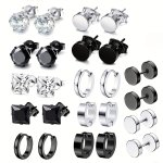 12PAIRS SET Fashion Stainless Steel Hip Hop Stud Earrings Simple Hoop Earrings Men's Daily Ear Jewelry