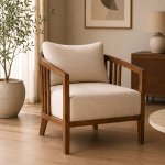 Curved Acacia Wood And Fabric Lounge Arm Chair