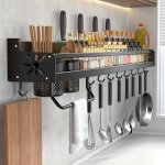 Space-saving Black Metal Kitchen Organizer - Wall-mounted Spice Rack With Hooks Utensil Holder For Home Storage In Kitchen Bathr