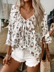 Leopard Print Ruched V-neck Blouse Elegant 3 4 Sleeve Loose Blouse For Spring & Fall Women's Clothing