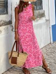 Leopard Print Backless Tank Dress Casual Sleeveless Crew Neck Split Hem Dress Women's Clothing