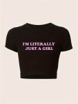 Girl Print Crew Neck T-Shirt Casual Short Sleeve Top For Spring & Summer Women's Clothing