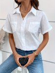 Breast Pockets Button Front Blouse Casual Solid Color Short Sleeve Blouse For Spring & Summer Women's Clothing