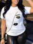 Eye & Lip Print T-Shirt Casual Crew Neck Short Sleeve Top For Spring & Summer Women's Clothing