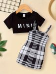 Baby's "mini" Print 2PCS Trendy Summer Outfit Cropped T-Shirt & Plaid Pattern Sundress Set Toddler & Infant Girl's Clothes For D