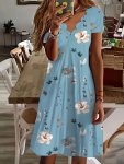 Floral Print Scallop Trim Dress Vintage V-neck Short Sleeve Dress For Spring & Summer Women's Clothing
