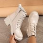 Women's Chunky Heeled Combat Boots Solid Color Round Toe Lace Up & Zipper Short Boots All-match Outdoor Platform Boots