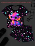 2 Pcs Girls Luminous Little Dinosaur Print Short Sleeve T-shirts & Elastic Waist Shorts Pajama Set Comfy& Skin-friendly Princess