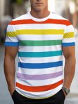 Black & White Stripes Print Men's Fashion Comfy Breathable Novelty T-Shirt New Casual Top Round Neck Short Sleeve Tee For Spring